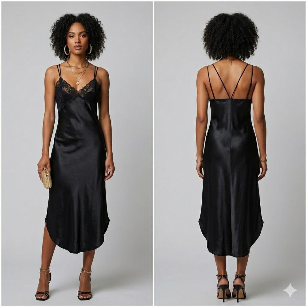 VTG 90s lingerie Now Modern Day LBD Lace Trim Strappy Midi Slip Dress Size Large